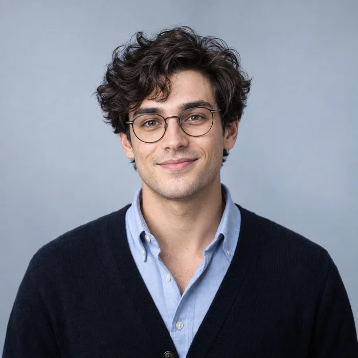A fictional young genius with wavy hair and glasses, your potential AI employee.